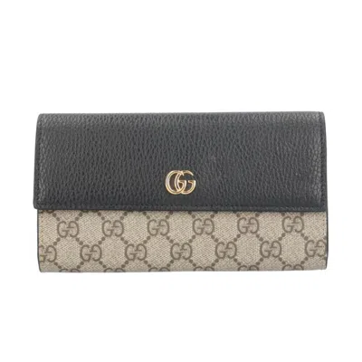 Pre-owned Gucci Beige Black Gg Supreme Canvas Leather Long Wallet (tri-fold) () In Multi