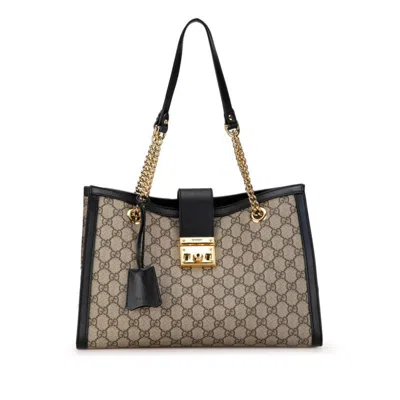 Pre-owned Gucci Beige Black Gg Supreme Leather Shoulder Bag Tote Bag () In Beige, Black