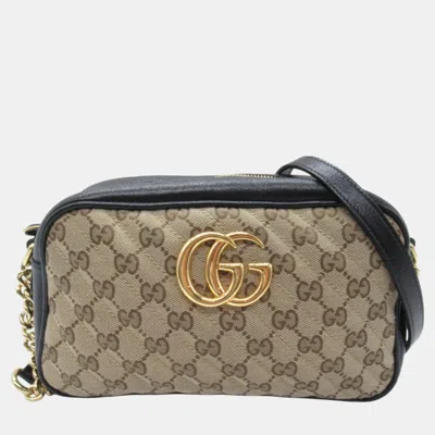 Pre-owned Gucci Beige Black Leather Gg Canvas Gg Marmont Shoulder Bag