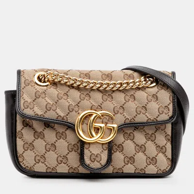 Pre-owned Gucci Beige Black Mini Gg Marmont Matelasse Canvas Flap Crossbody In Sand