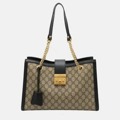 Pre-owned Gucci Beige Black Pvc Leather Padlock Gg Medium Shoulder Bag