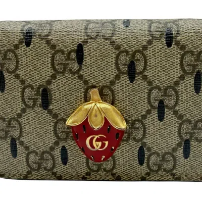 Pre-owned Gucci Beige Black Red Color Gg Supreme Middle Wallet (bi-fold) ()