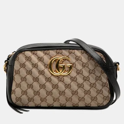 Pre-owned Gucci Beige Black Small Gg Marmont Matelasse Gg Canvas And Leather Crossbody In Sand