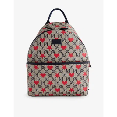Gucci Beige Blu/bl/b/b/b Kids' Gg Heart-print Coated-canvas Backpack In Blue