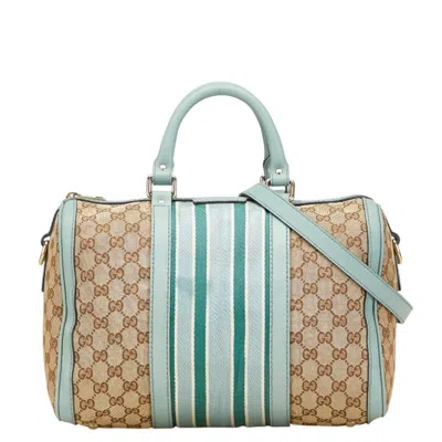 Pre-owned Gucci Beige Blue Canvas Leather Handbag Shoulder Bag ()