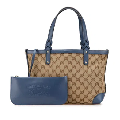 Pre-owned Gucci Beige Blue Canvas Leather Shoulder Bag Tote Bag ()