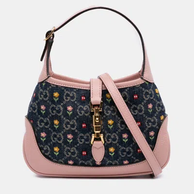 Pre-owned Gucci Beige Blue Limited Edition Mini Gg Denim Embroidered Floral Jackie 1961 Crossbody In Sand