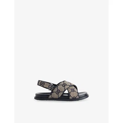 Gucci Beige-blue/blue Kids' Gg Monogram Canvas Sandals Eur 25 /7.5 Uk