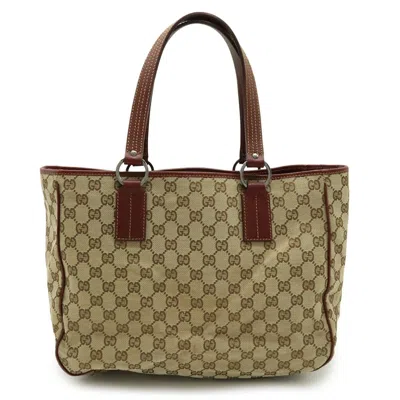 Pre-owned Gucci Beige Bordeaux Khaki Canvas Leather Shoulder Bag Tote Bag ()