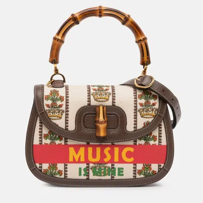 Pre-owned Gucci Beige Brown 100th Anniversary Medium Canvas 1947 Bamboo Top Handle Bag In Sand