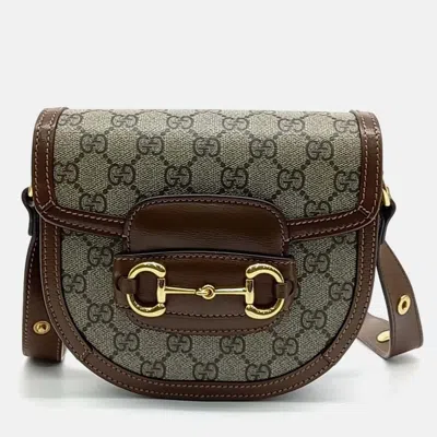 Pre-owned Gucci Beige Brown Canvas 1955 Horsebit Round Mini Bag In Sand