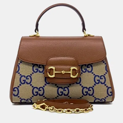 Pre-owned Gucci Beige Brown Canvas And Leather Horsebit 1955 Tote And Shoulder Bag (702049) In Sand