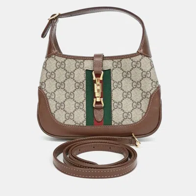 Pre-owned Gucci Beige Brown Canvas And Leather Jackie 1961 Mini Hobo Bag In Sand