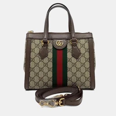 Pre-owned Gucci Beige Brown Canvas And Leather Ophidia Gg Shoulder Bag Small In Sand