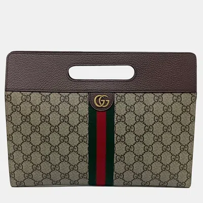 Pre-owned Gucci Beige Brown Canvas And Leather Ophidia Handle Clutch Bag