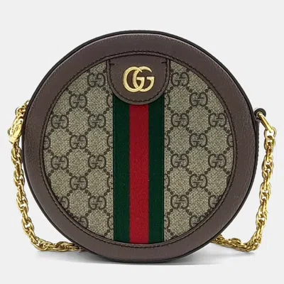 Pre-owned Gucci Beige Brown Canvas And Leather Ophidia Mini Gg Round Shoulder Bag In Sand