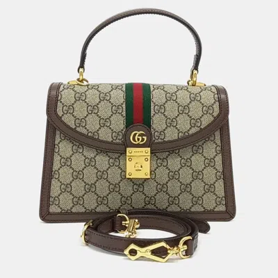 Pre-owned Gucci Beige Brown Canvas And Leather Ophidia Top Handle Bag In Sand