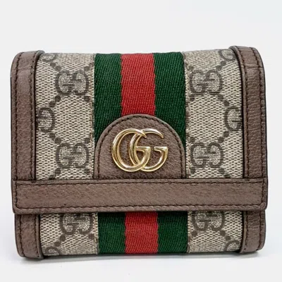 Pre-owned Gucci Beige Brown Canvas And Leather Ophidia Wallet (523174) In Sand