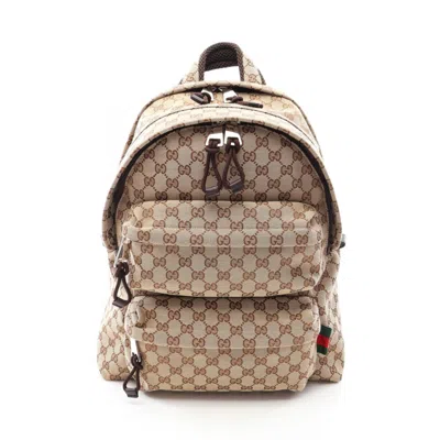 Pre-owned Gucci Beige Brown Canvas Leather Backpack Handbag () In Beige, Brown