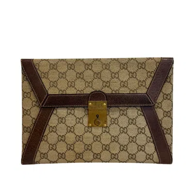 Pre-owned Gucci Beige Brown Canvas Leather Clutch Bag Pouch ()