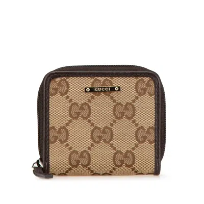 Pre-owned Gucci Beige Brown Canvas Leather Coin Purse/coin Case () In Multi