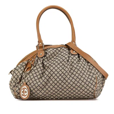 Pre-owned Gucci Beige Brown Canvas Leather Handbag Shoulder Bag ()