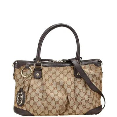 Pre-owned Gucci Beige Brown Canvas Leather Handbag Shoulder Bag ()