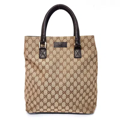 Pre-owned Gucci Beige Brown Canvas Leather Handbag Tote Bag () In Beige, Brown