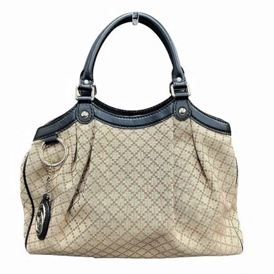 Pre-owned Gucci Beige Brown Canvas Leather Handbag Tote Bag () In Beige, Brown