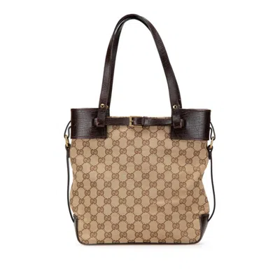Pre-owned Gucci Beige Brown Canvas Leather Handbag Tote Bag () In Multi