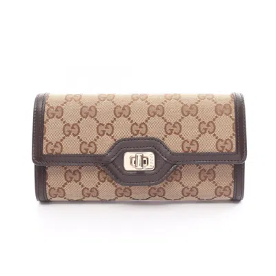 Gucci Beige Brown Canvas Leather Long Wallet (bi-fold) In Beige, Brown