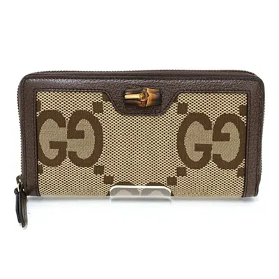 Pre-owned Gucci Beige Brown Canvas Leather Long Wallet (bi-fold) ()