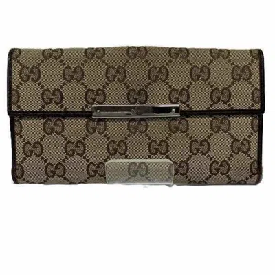 Pre-owned Gucci Beige Brown Canvas Leather Long Wallet (bi-fold) () In Beige, Brown