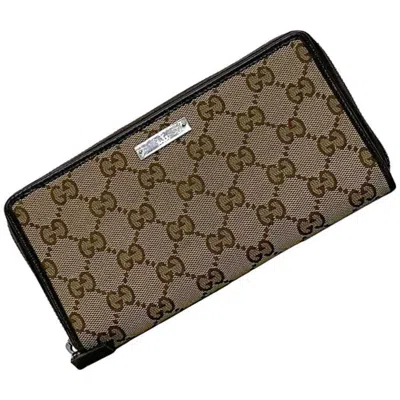 Pre-owned Gucci Beige Brown Canvas Leather Long Wallet (bi-fold) () In Multi