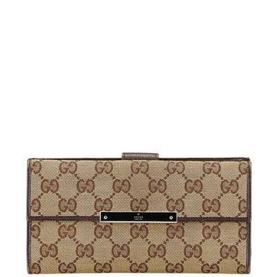 Pre-owned Gucci Beige Brown Canvas Leather Long Wallet (tri-fold) () In Multi