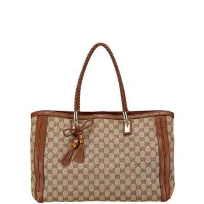 Pre-owned Gucci Beige Brown Canvas Leather Shoulder Bag Tote Bag ()