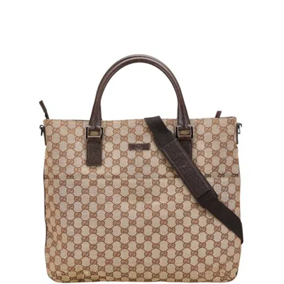 Pre-owned Gucci Beige Brown Canvas Leather Shoulder Bag Tote Bag ()