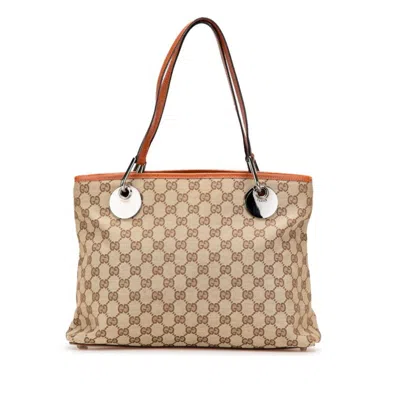 Pre-owned Gucci Beige Brown Canvas Leather Shoulder Bag Tote Bag () In Multi
