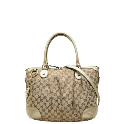 Pre-owned Gucci Beige Brown Canvas Leather Shoulder Bag Tote Bag () In Multi