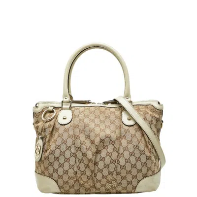 Pre-owned Gucci Beige Brown Canvas Leather Shoulder Bag Tote Bag () In Multi
