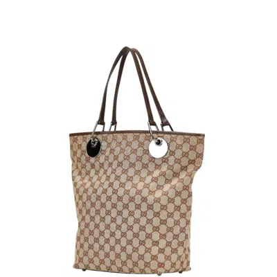 Pre-owned Gucci Beige Brown Canvas Leather Tote Bag ()