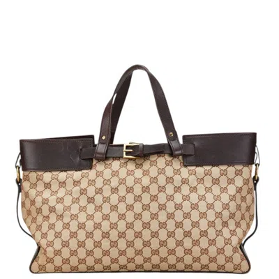 Pre-owned Gucci Beige Brown Canvas Leather Tote Bag ()