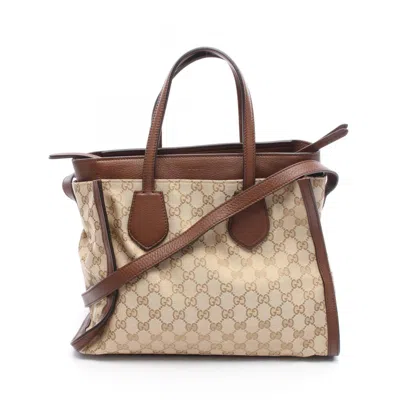 Pre-owned Gucci Beige Brown Canvas Leather Tote Bag () In Multi
