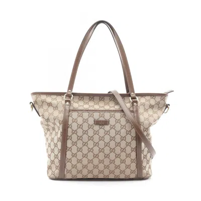 Pre-owned Gucci Beige Brown Canvas Leather Tote Bag () In Multi