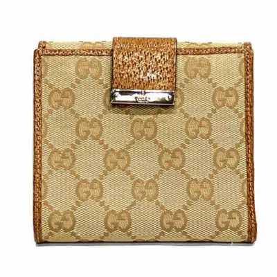 Pre-owned Gucci Beige Brown Canvas Leather Wallet (bi-fold) () In Beige, Brown