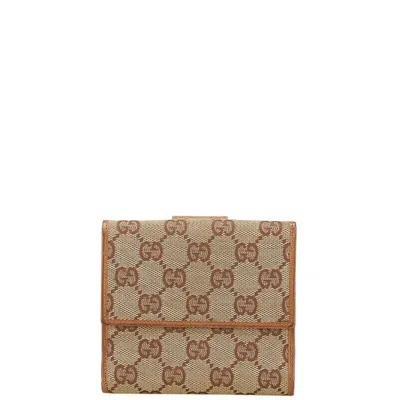 Pre-owned Gucci Beige Brown Canvas Leather Wallet (bi-fold) () In Multi