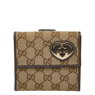 Pre-owned Gucci Beige Brown Canvas Leather Wallet (bi-fold) () In Multi