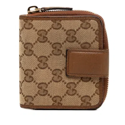 Pre-owned Gucci Beige Brown Canvas Leather Wallet (bi-fold) () In Multi