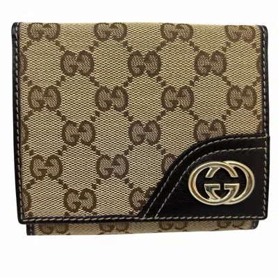 Pre-owned Gucci Beige Brown Canvas Leather Wallet (bi-fold) () In Multi