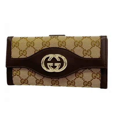 Pre-owned Gucci Beige Brown Canvas Long Wallet (bi-fold) () In Multi